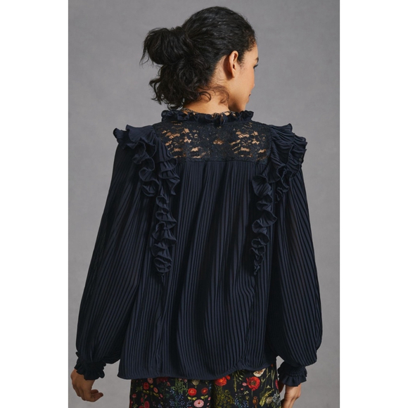 Anthropologie Pleated Ruffled Blouse Size S - Black Lace & Ruffles LIKE NEW - Picture 3 of 7